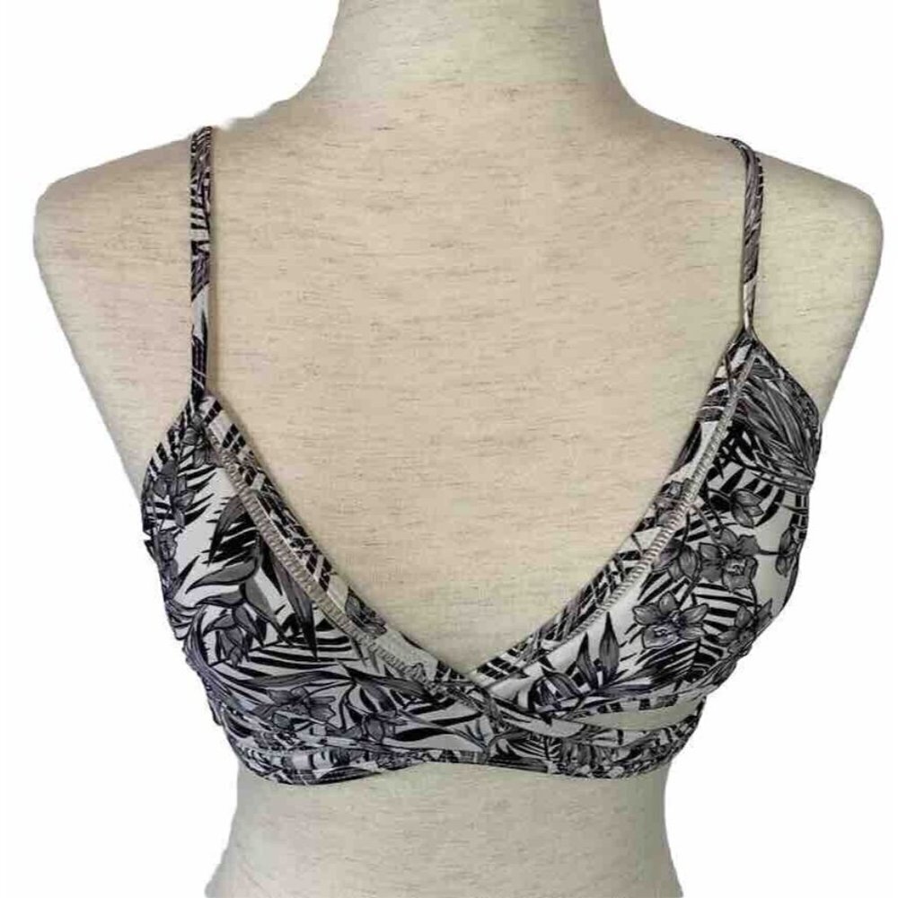 Cabana Del Sol Bikini Bathing Suit Top Black White Floral Wrap Swim Beach Sz M